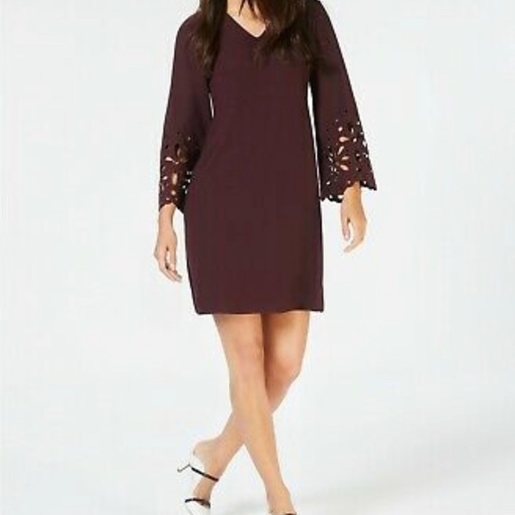 Alfani Dress Like New Beautiful Burgundy Wine Laser Cut Bell Sleeve Detail GORG! - Picture 12 of 13